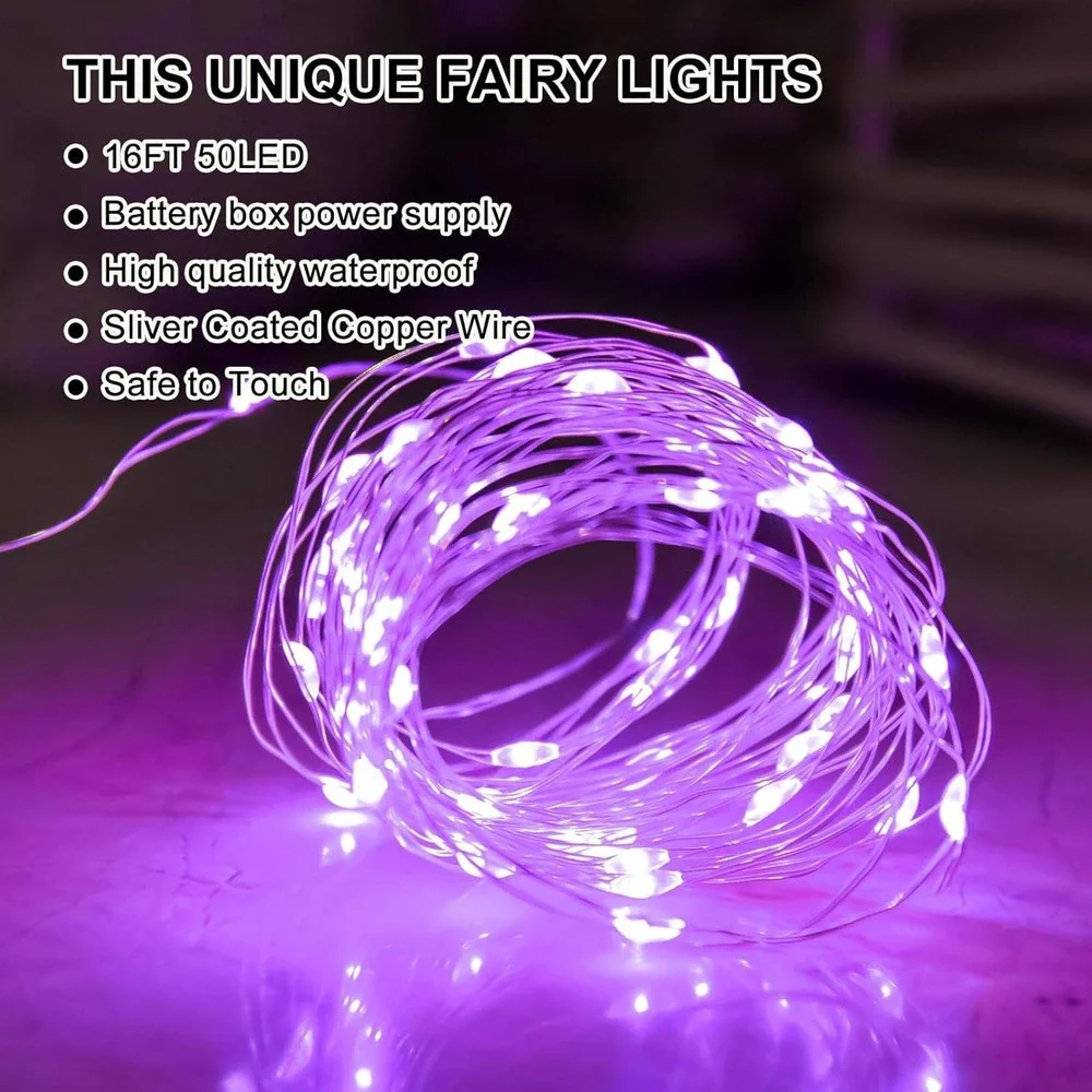 Purple LED Fairy Lights 16ft 50LED Battery Operated Waterproof 8 Modes Timer
